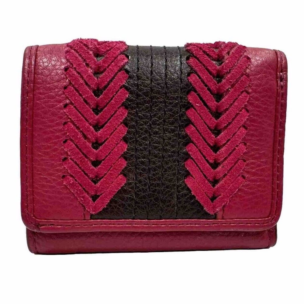 FOSSIL Women’s Trifold Wallet Magenta Pink Brown Leather Chevron Suede Cards ID